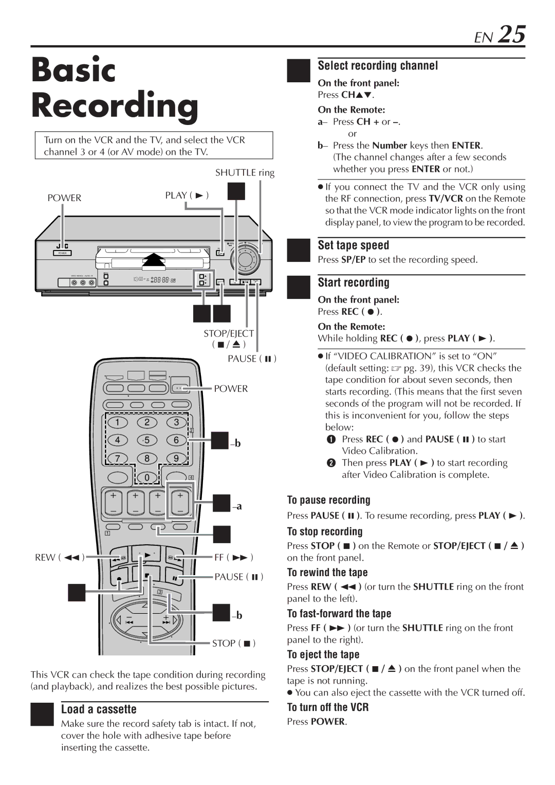 JVC HR-VP782U manual Basic, Recording, Select recording channel, Set tape speed, Start recording 