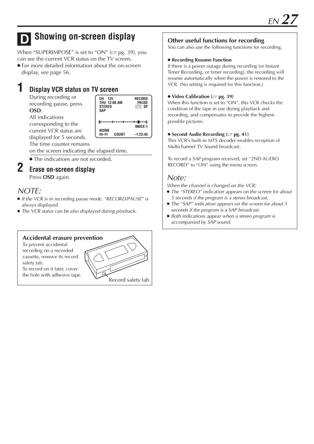 JVC HR-VP782U manual Showing on-screen display, Display VCR status on TV screen, Erase on-screen display 