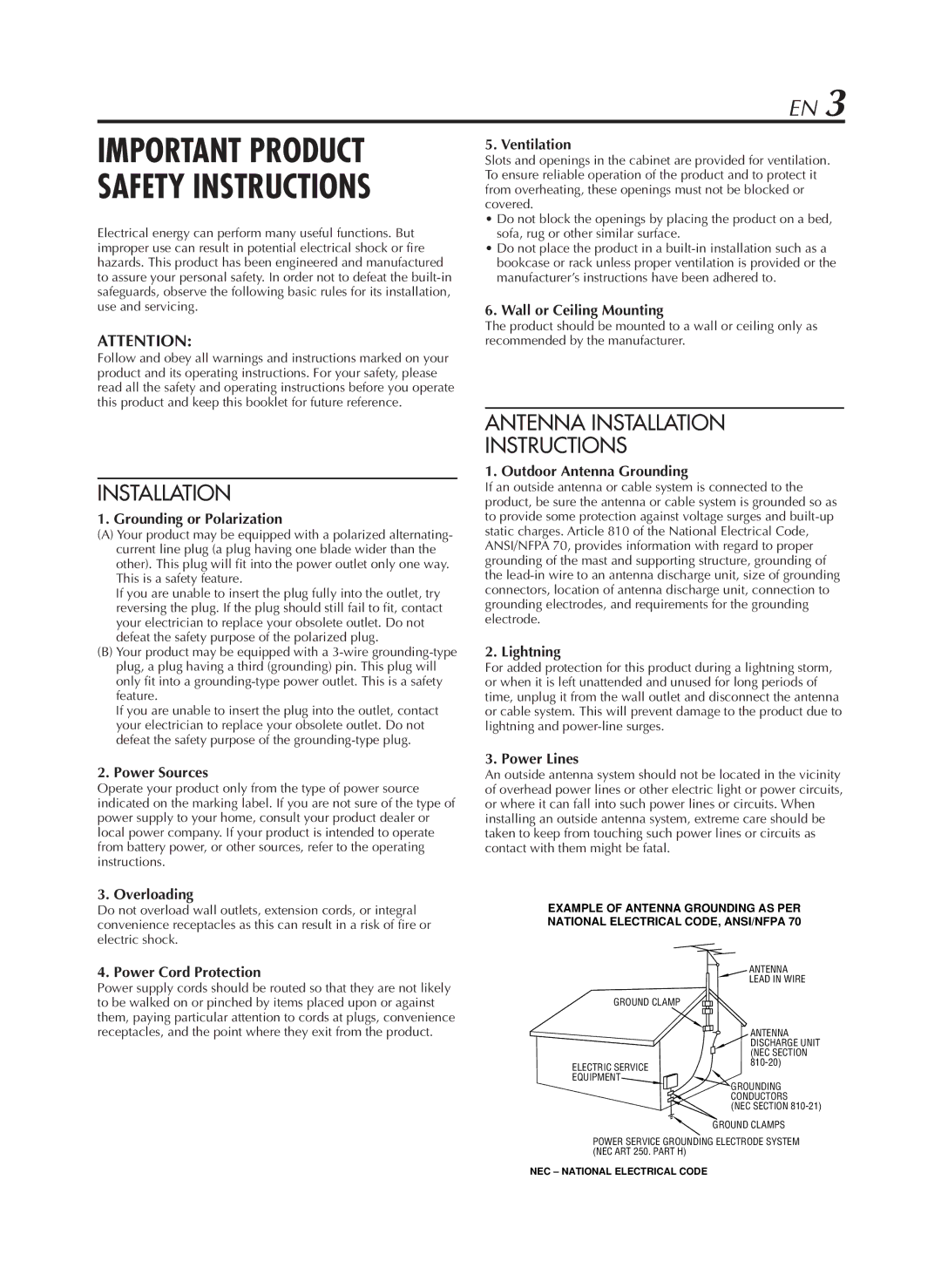 JVC HR-VP782U Grounding or Polarization, Power Sources, Ventilation, Wall or Ceiling Mounting, Outdoor Antenna Grounding 