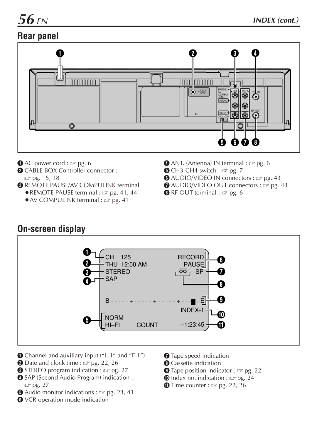 JVC HR-VP782U manual 56 EN, Rear panel, On-screen display 