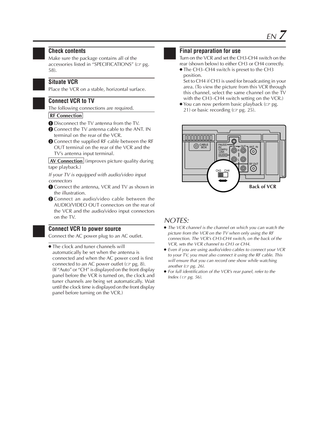 JVC HR-VP782U manual Check contents, Situate VCR, Connect VCR to TV, Final preparation for use, RF Connection 