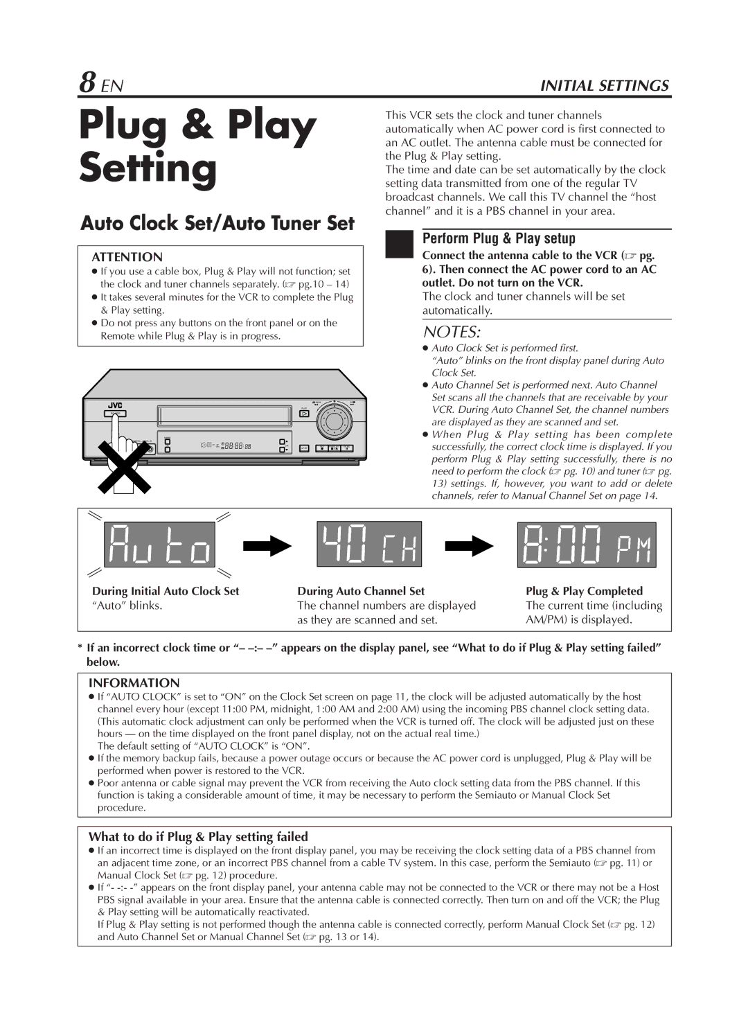 JVC HR-VP782U manual Plug & Play Setting, Perform Plug & Play setup, What to do if Plug & Play setting failed 