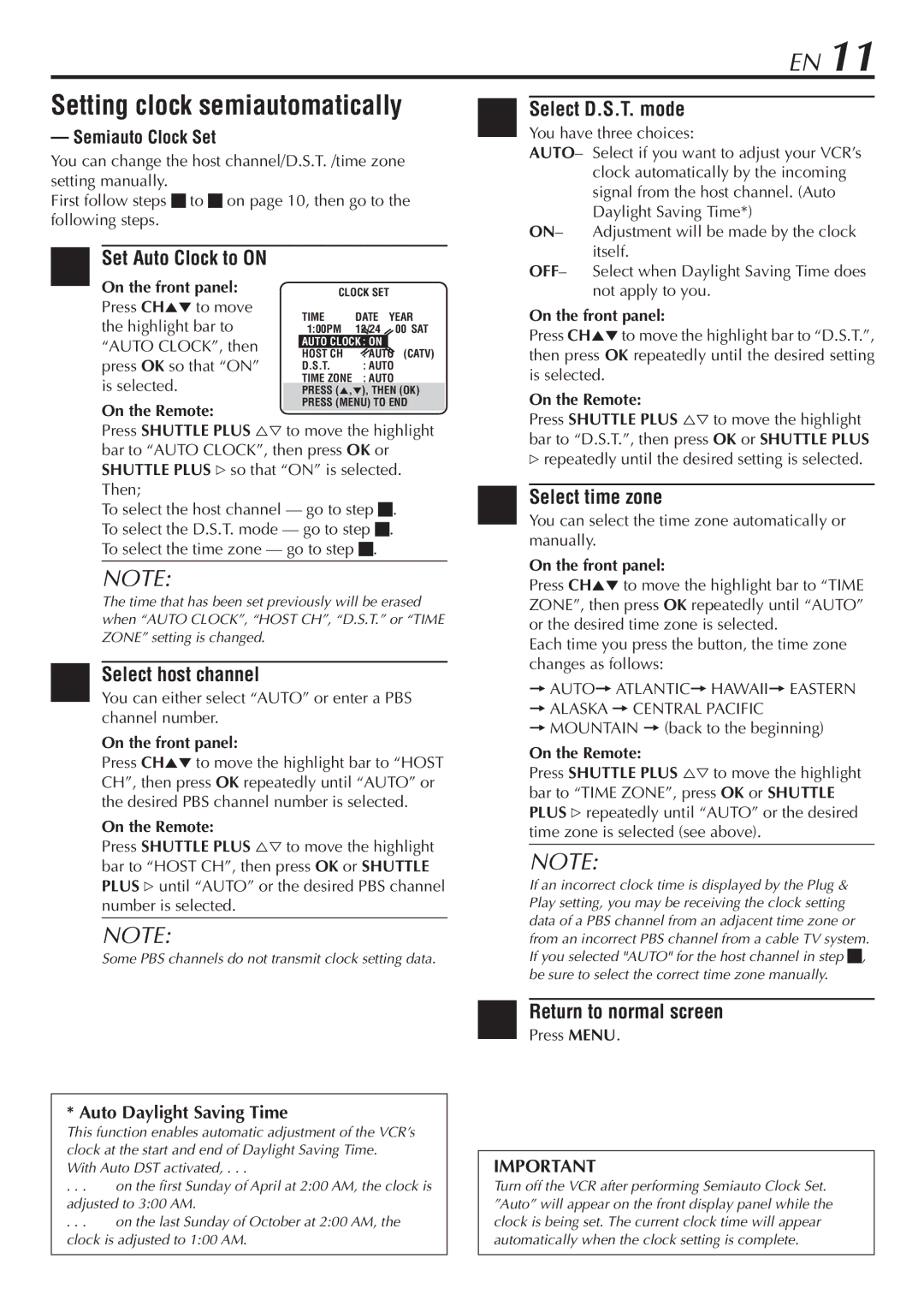 JVC HR-VP783U manual Setting clock semiautomatically, Set Auto Clock to on, Select host channel, Select time zone 