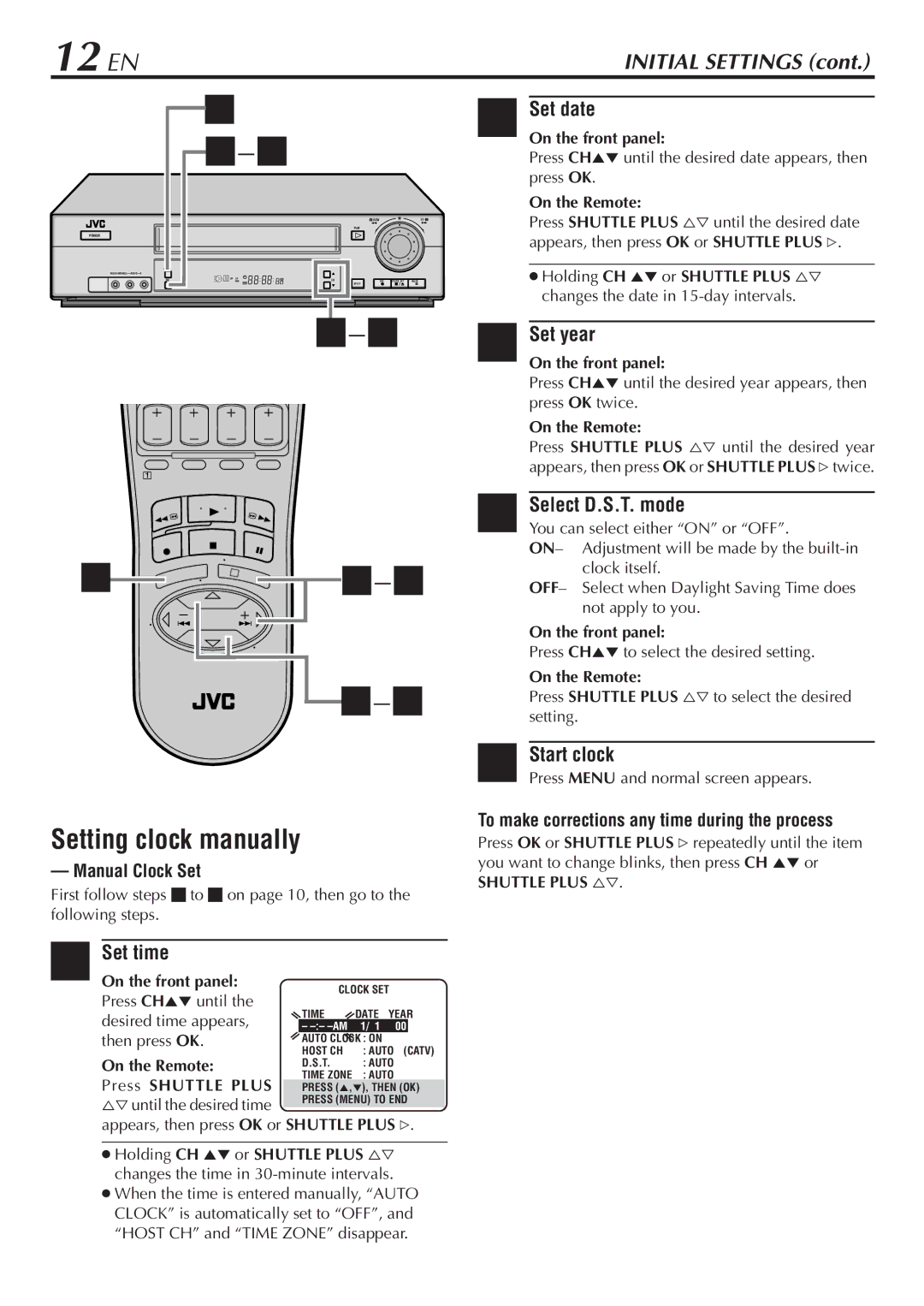 JVC HR-VP783U 12 EN, Setting clock manually, Select D.S.T. mode, Manual Clock Set 