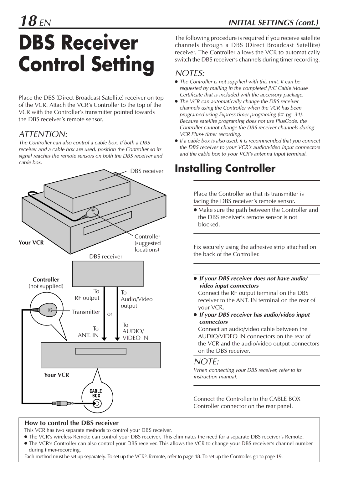 JVC HR-VP783U manual 18 EN, Connect DBS receiver to VCR, How to control the DBS receiver, Controller 