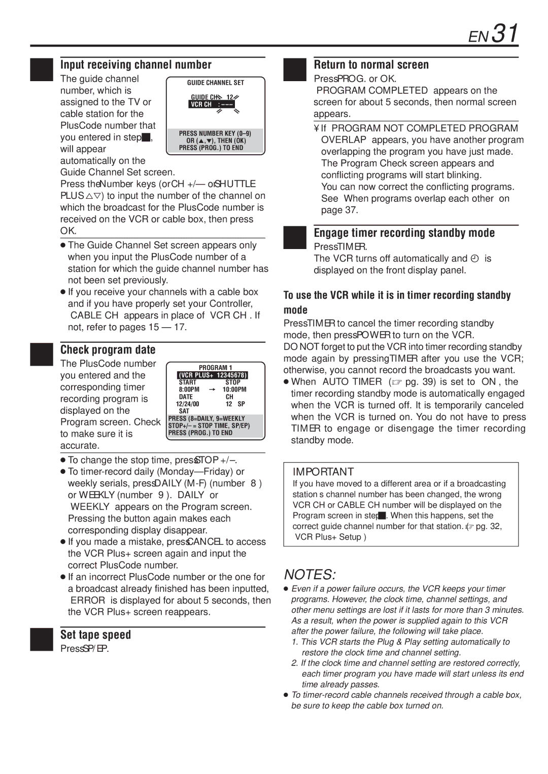 JVC HR-VP783U manual Input receiving channel number, Engage timer recording standby mode, Press SP/EP 