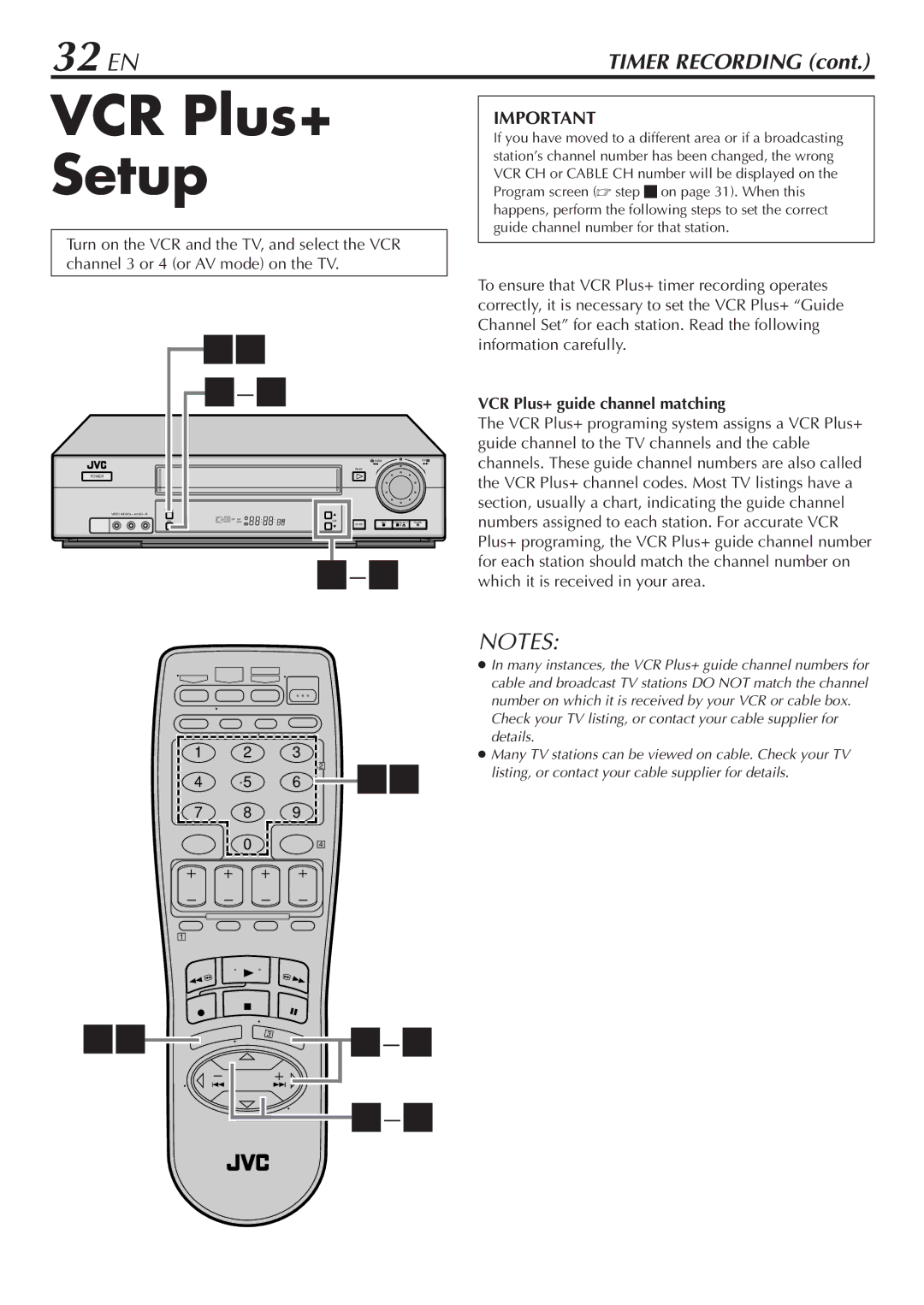 JVC HR-VP783U manual VCR Plus+ Setup, 32 EN, VCR Plus+ guide channel matching 