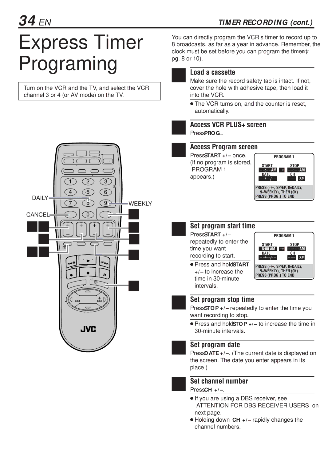 JVC HR-VP783U manual Express Timer Programing, 34 EN 