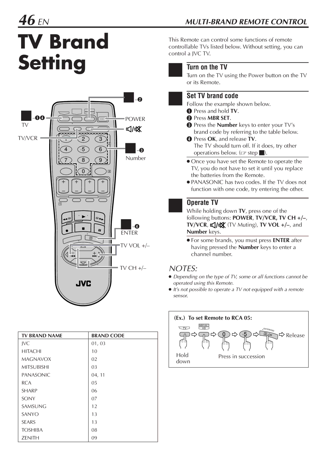 JVC HR-VP783U manual TV Brand Setting, 46 EN, Turn on the TV, Set TV brand code, Operate TV 