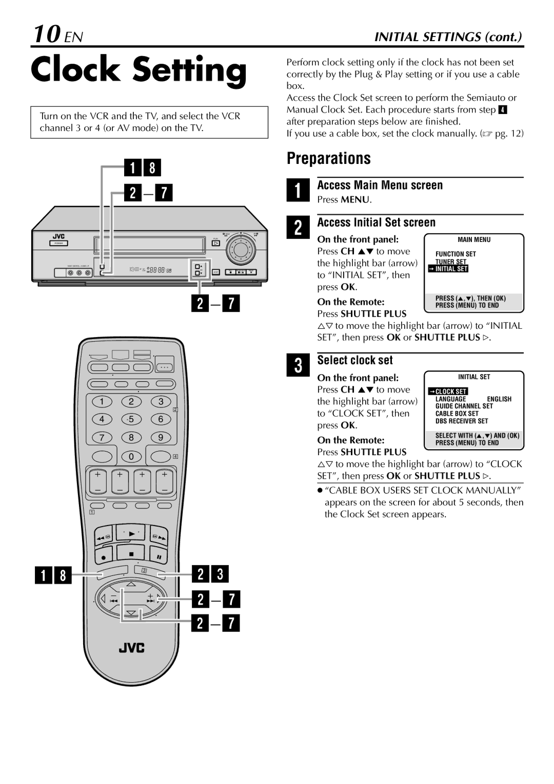 JVC HR-VP78U Clock Setting, Preparations1, PressAccessMENUMain Menu screen Access Initial Set screen, Select clock set 