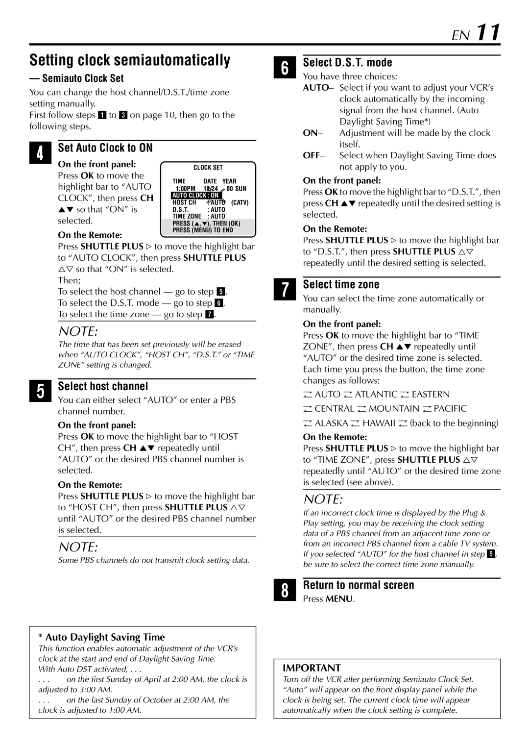 JVC HR-VP78U manual Setting clock semiautomatically, Set Auto Clock to on, Select host channel, Select D.S.T. mode 