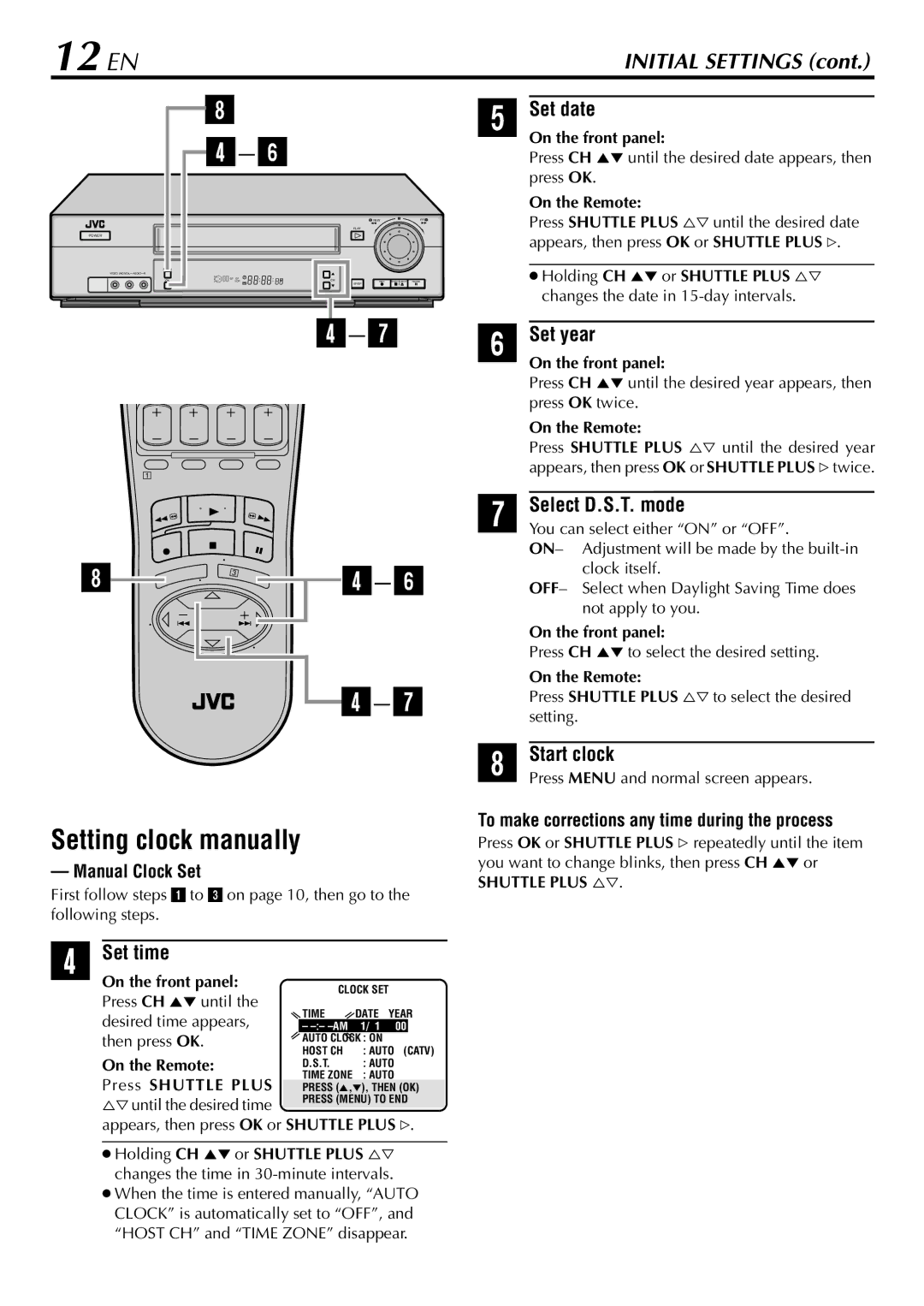 JVC HR-VP78U 12 EN, Setting clock manually 