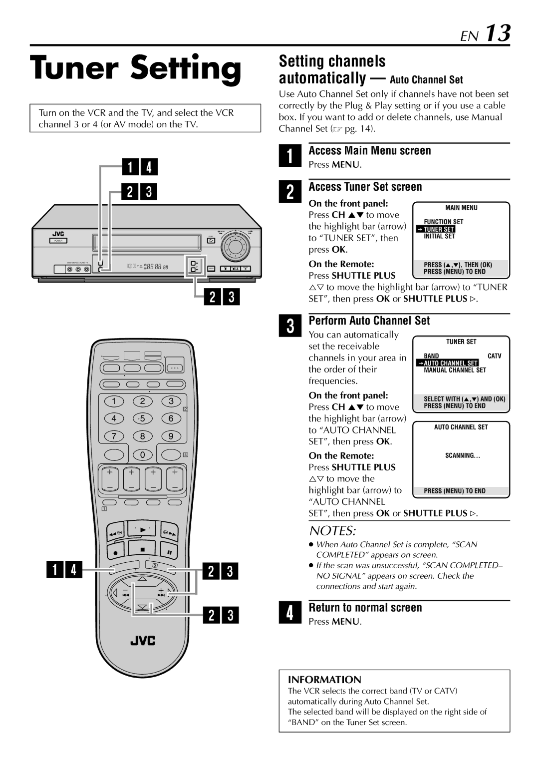 JVC HR-VP78U manual Tuner Setting, Automatically Auto Channel Set Setting channels, Access Tuner Set screen 