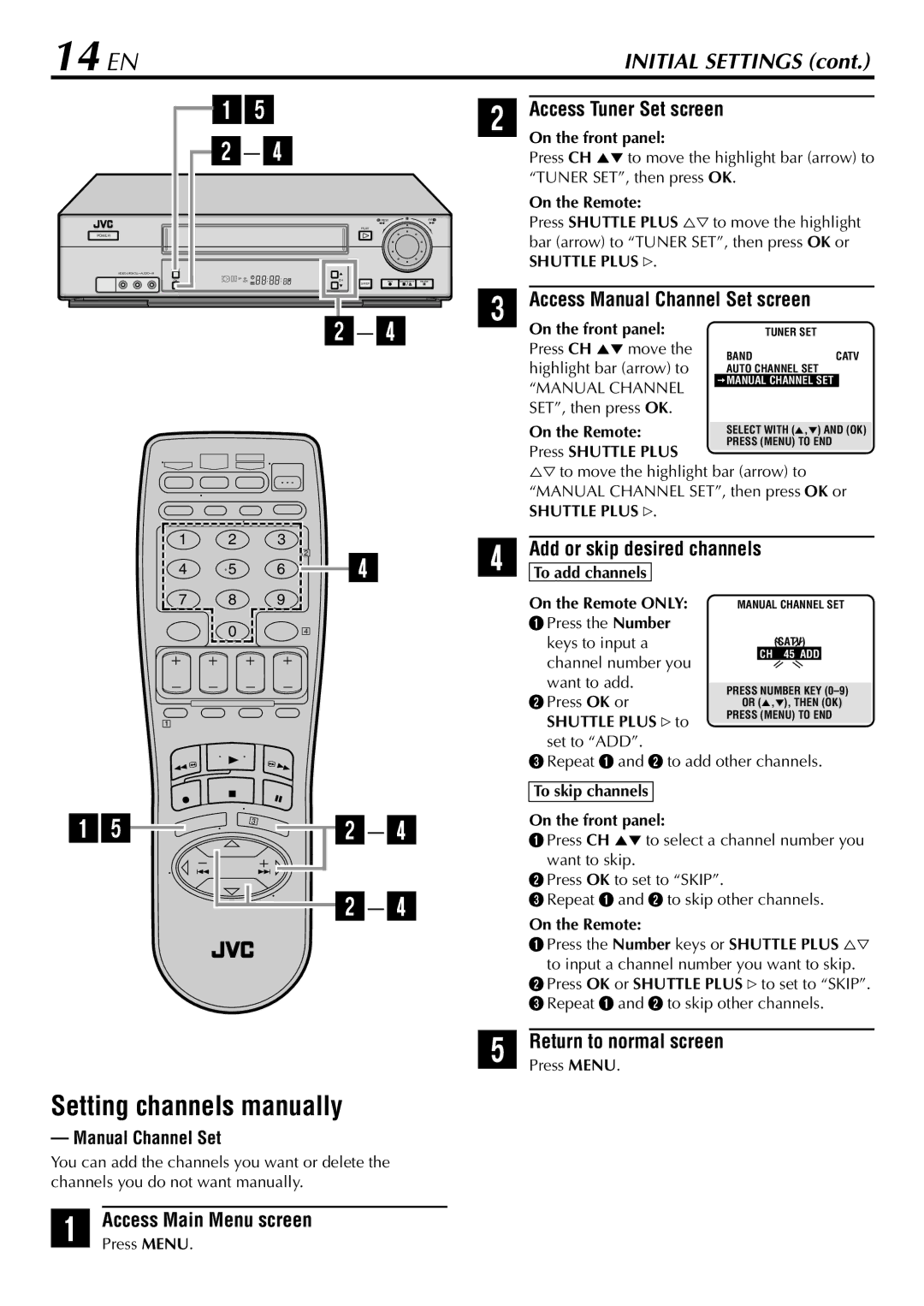 JVC HR-VP78U 14 EN, Setting channels manually, Manual Channel Set 