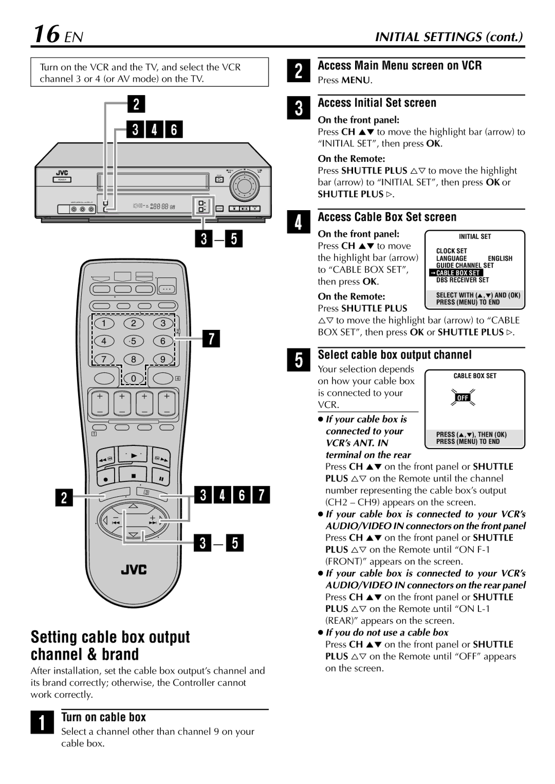 JVC HR-VP78U manual Access Cable Box Set screen, Select cable box output channel, Turn on cable box 