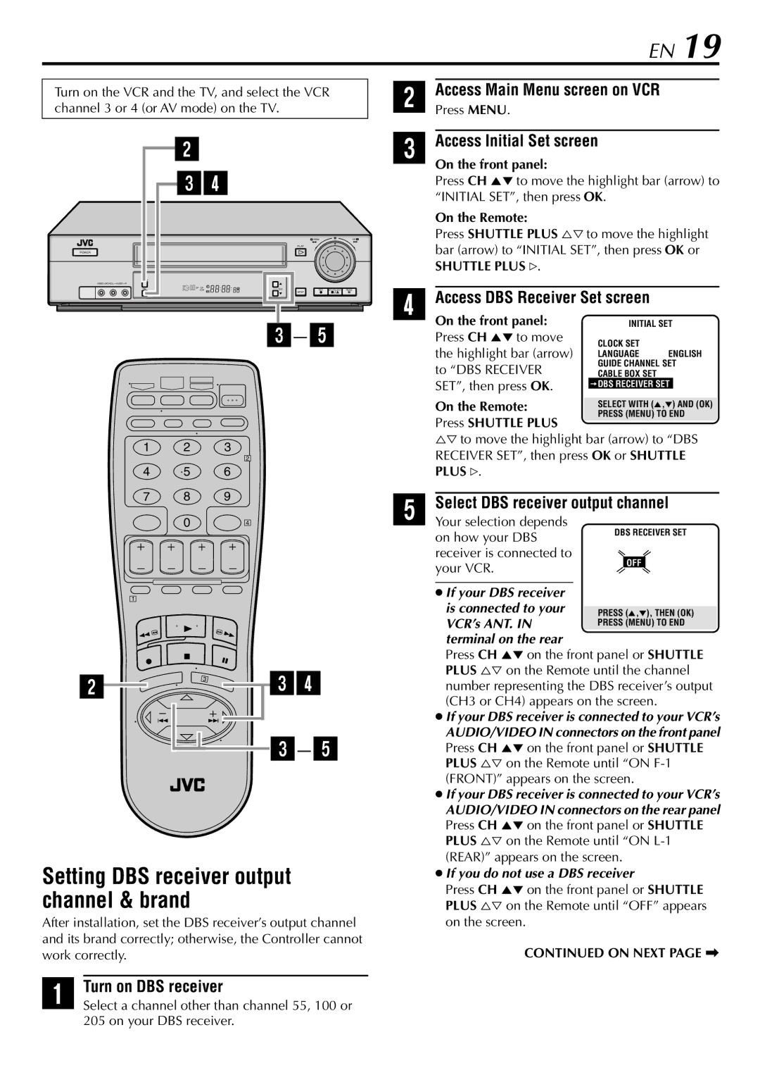 JVC HR-VP78U Setting DBS receiver output channel & brand, Turn on DBS receiver, Select DBS receiver output channel, Plus # 