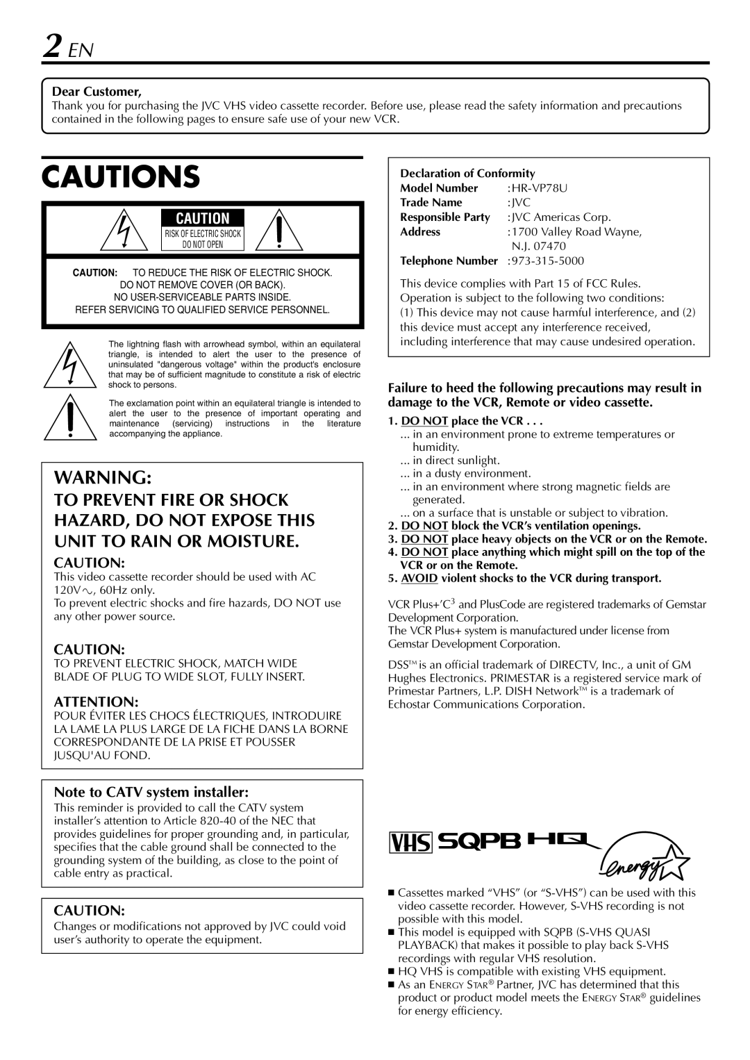 JVC HR-VP78U manual Dear Customer, Telephone Number 