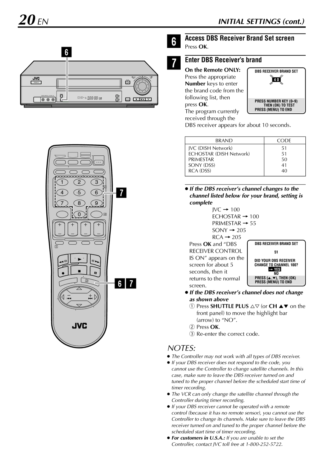 JVC HR-VP78U manual 20 EN, Enter DBS Receiver’s brand, Access DBS Receiver Brand Set screen 