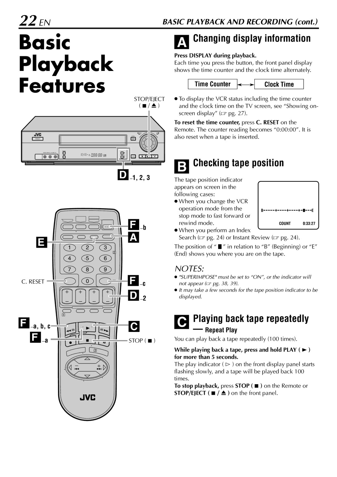 JVC HR-VP78U manual Basic Playback Features, 22 EN, Changing display information, Checking tape position 