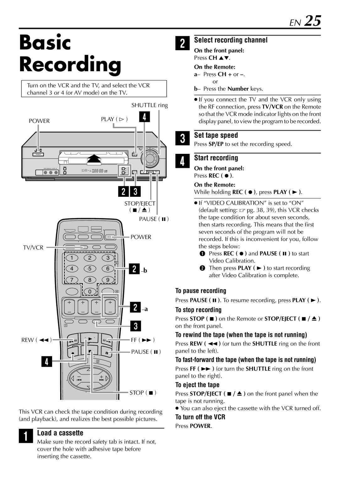 JVC HR-VP78U manual Basic Recording, Select recording channel, Set tape speed, Start recording 