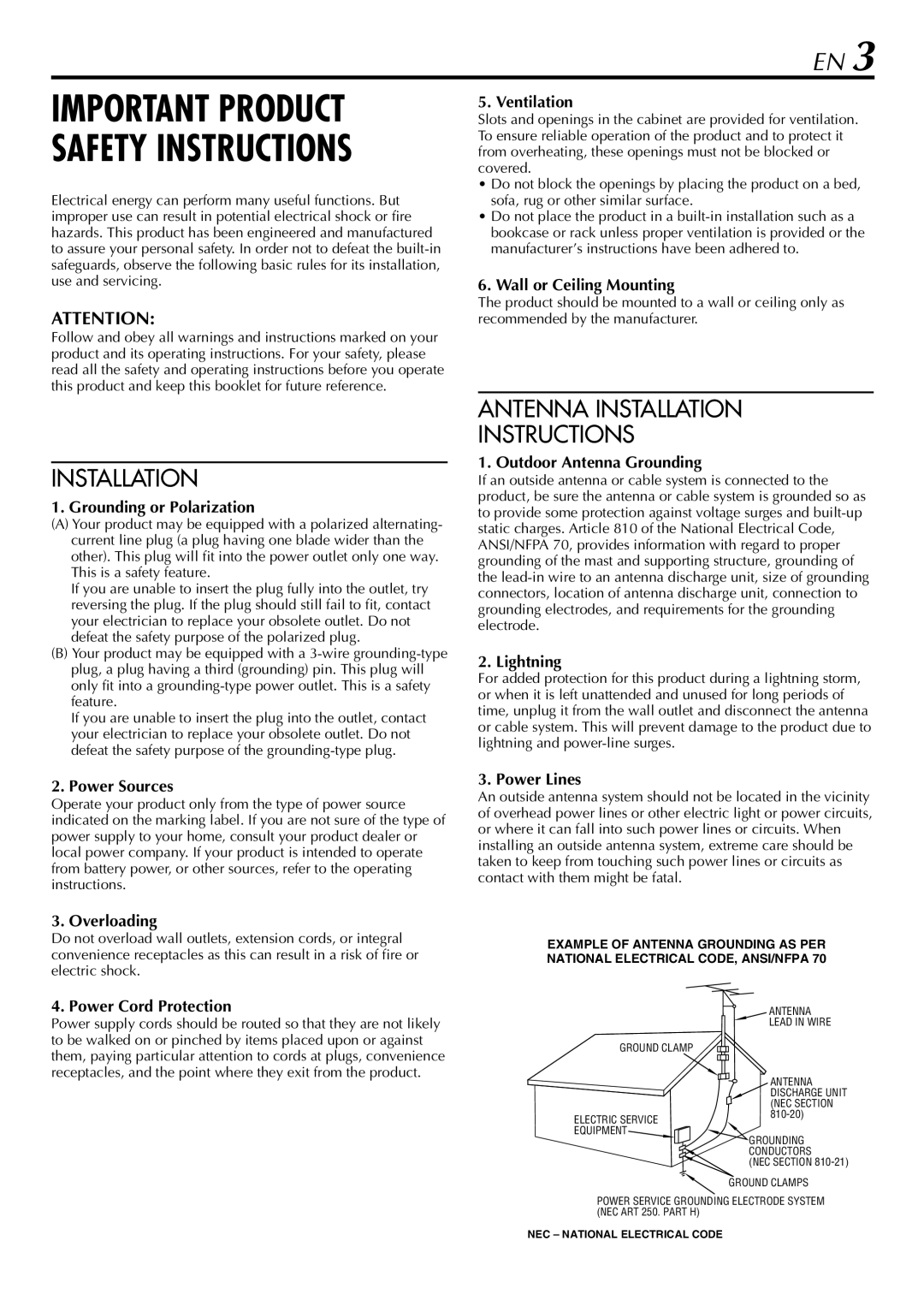 JVC HR-VP78U Grounding or Polarization, Power Sources, Ventilation, Wall or Ceiling Mounting, Outdoor Antenna Grounding 