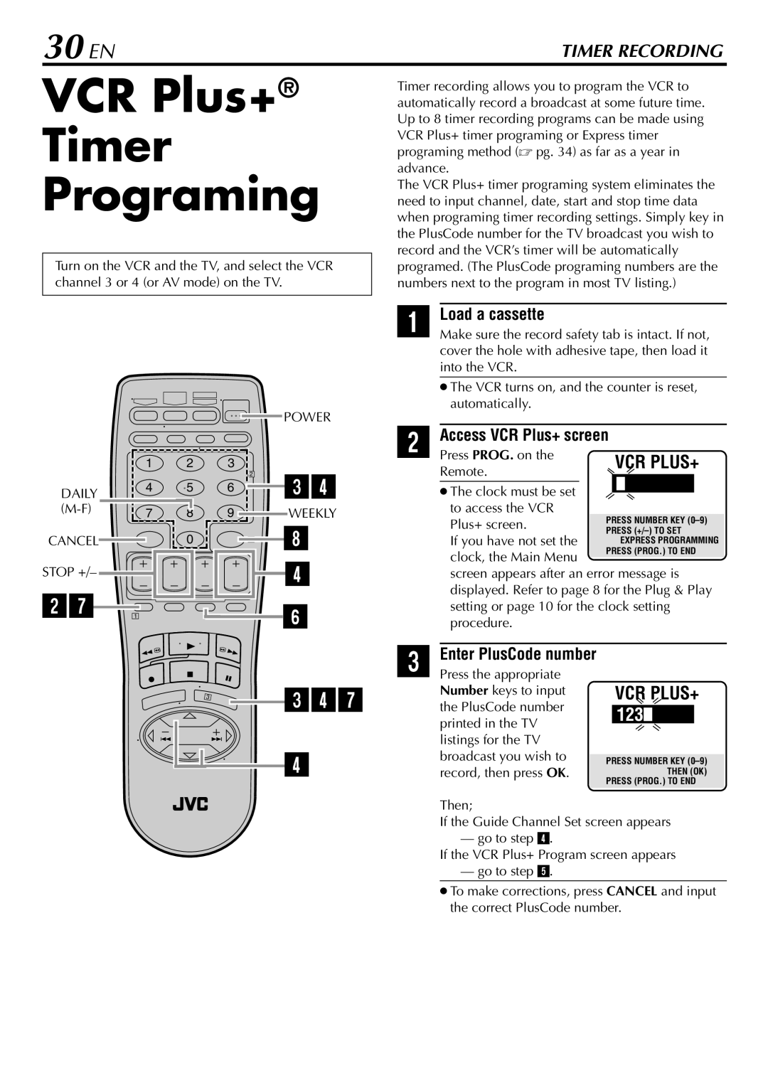 JVC HR-VP78U manual VCR Plus+ Timer Programing, 30 EN, Access VCR Plus+ screen, Enter PlusCode number 