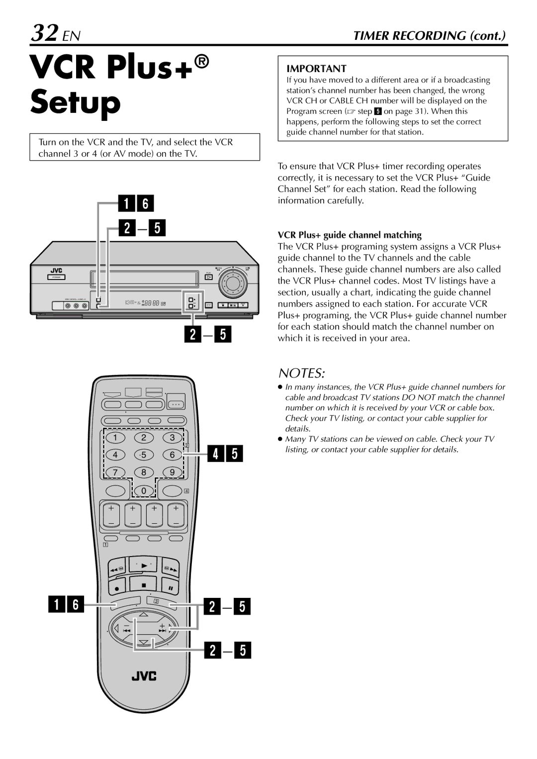 JVC HR-VP78U manual Setup, 32 EN, VCR Plus+ guide channel matching 
