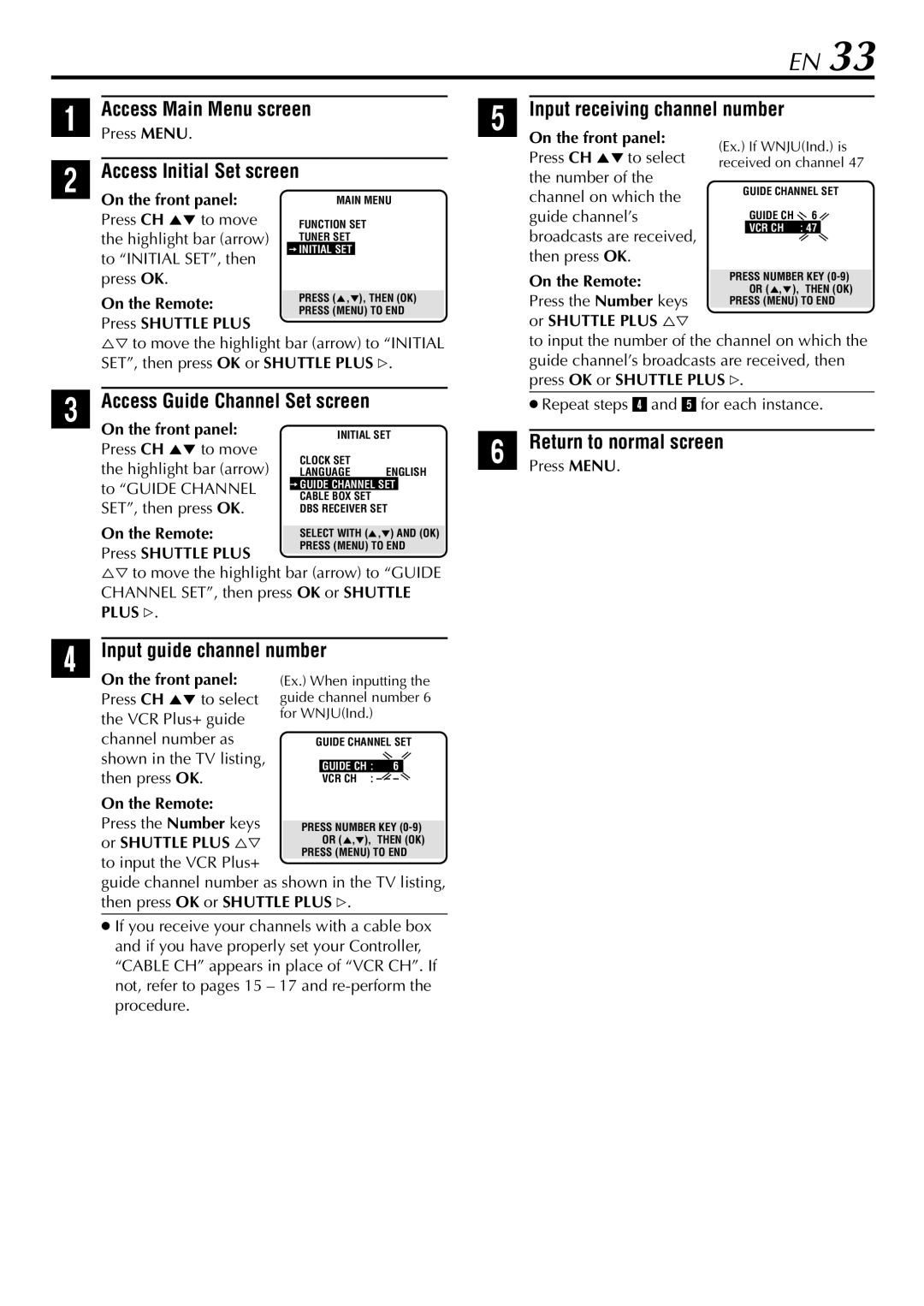 JVC HR-VP78U manual Access Guide Channel Set screen, Input guide channel number, To Initial SET, then Press OK 