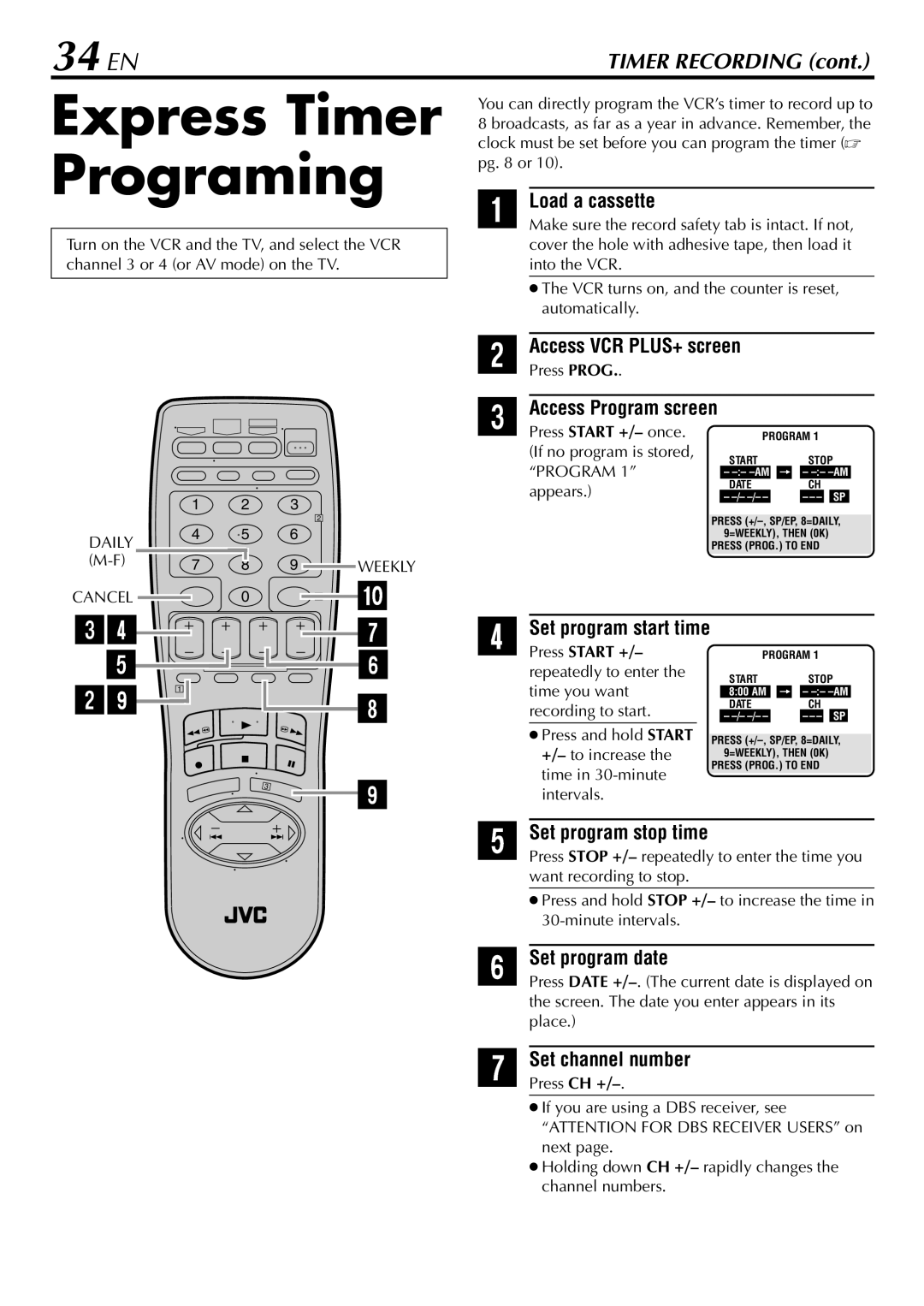 JVC HR-VP78U manual Express Timer Programing, 34 EN 