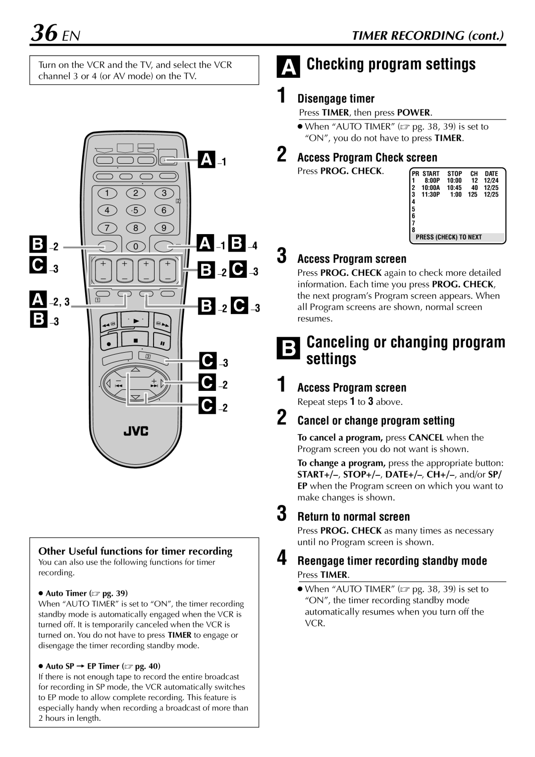 JVC HR-VP78U manual 36 EN, Checking program settings 