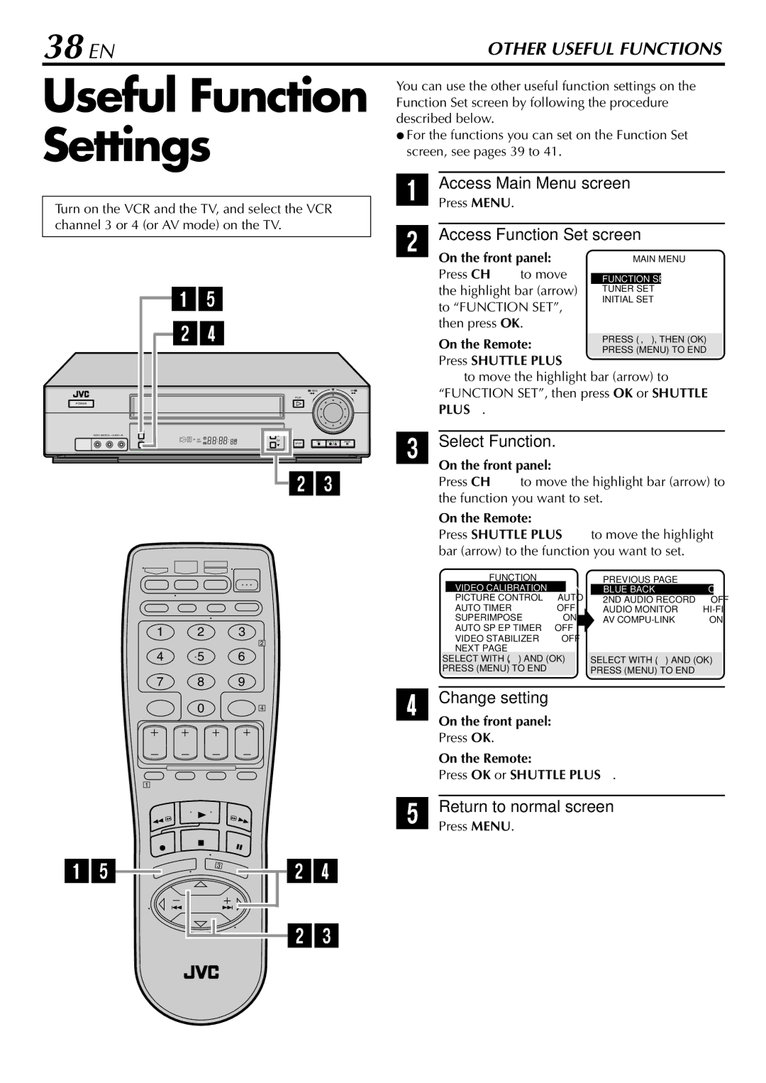 JVC HR-VP78U manual Useful Function, Settings, 38 EN 