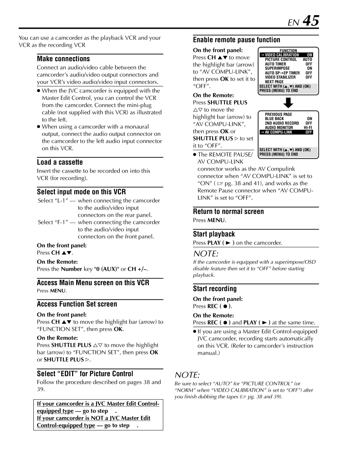 JVC HR-VP78U manual Select input mode on this VCR, Access Main Menu screen on this VCR, Enable remote pause function 