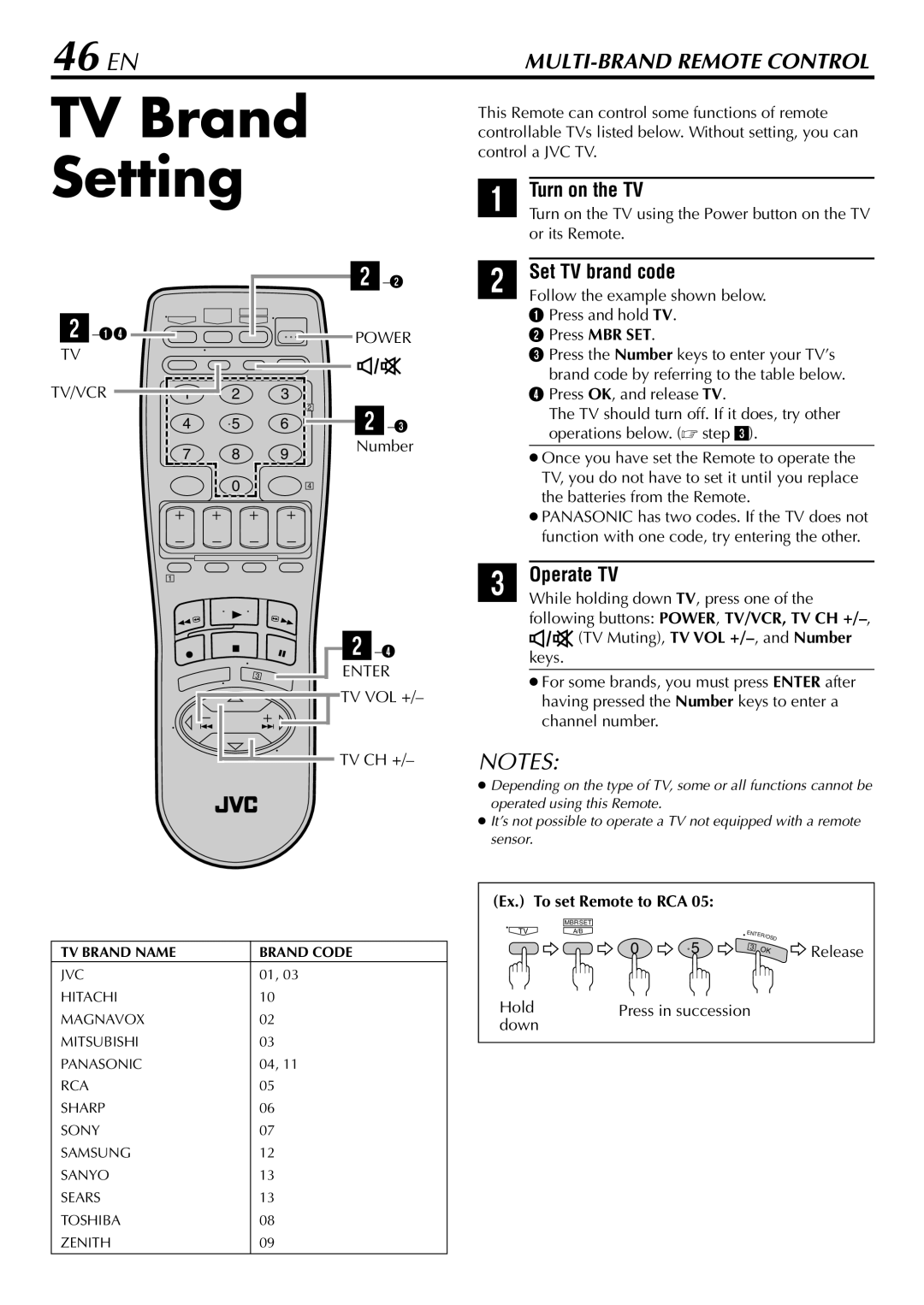 JVC HR-VP78U manual TV Brand Setting, 46 EN, Turn on the TV, Set TV brand code, Operate TV 