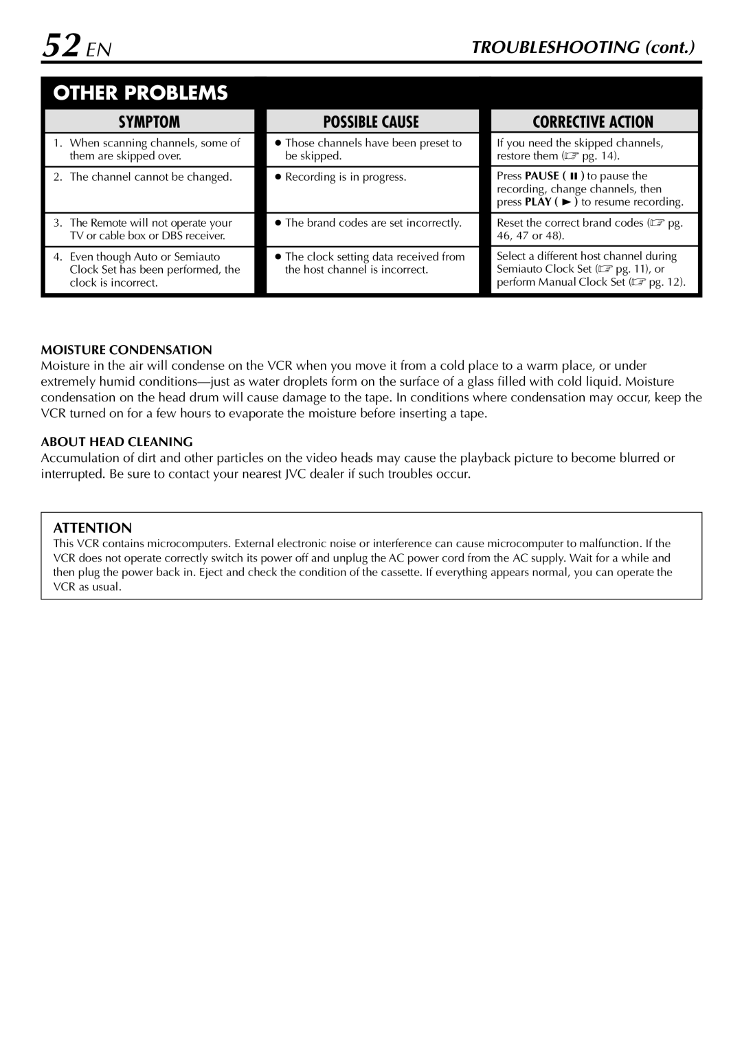 JVC HR-VP78U manual 52 EN, Other Problems 