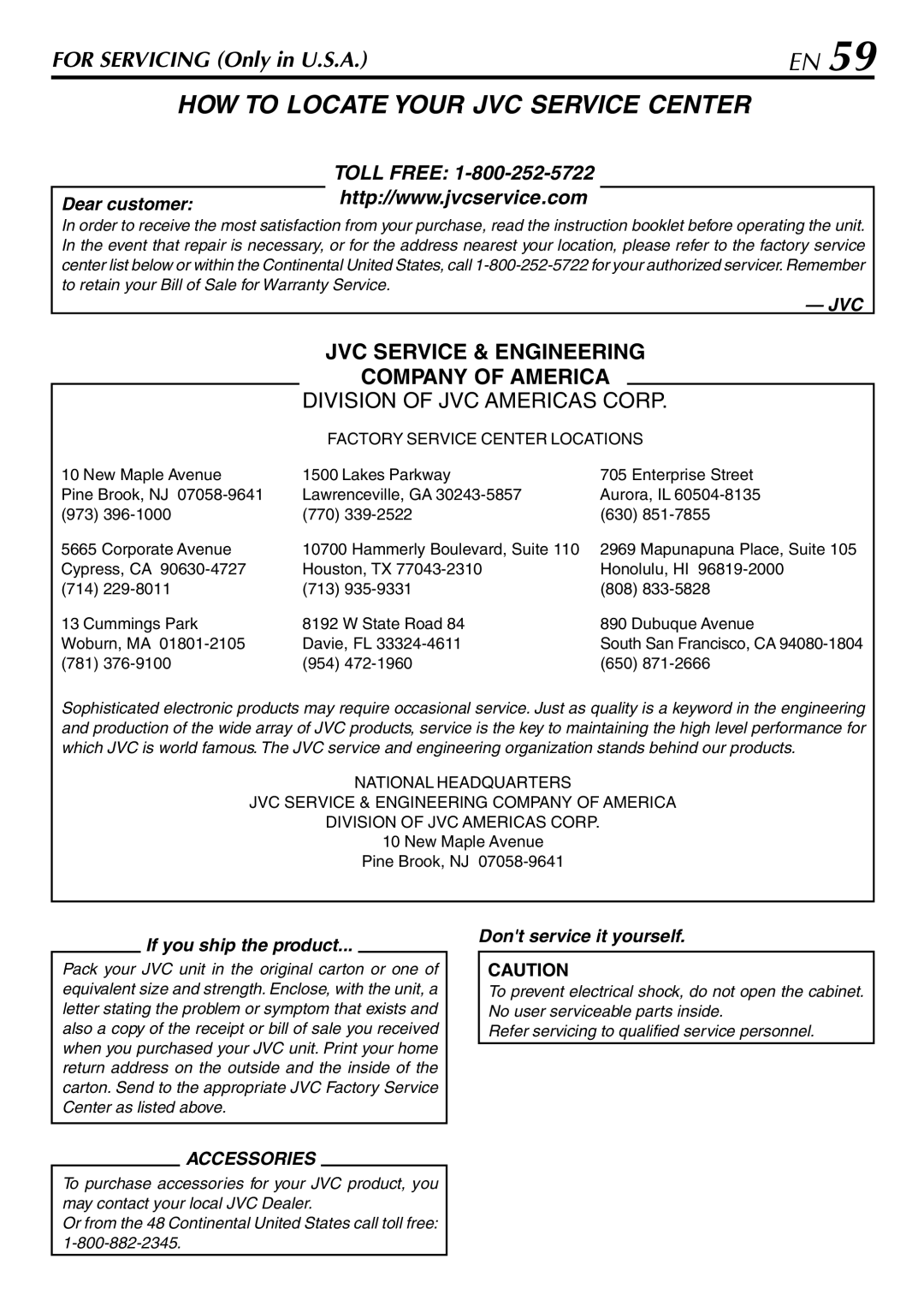 JVC HR-VP78U manual HOW to Locate Your JVC Service Center 