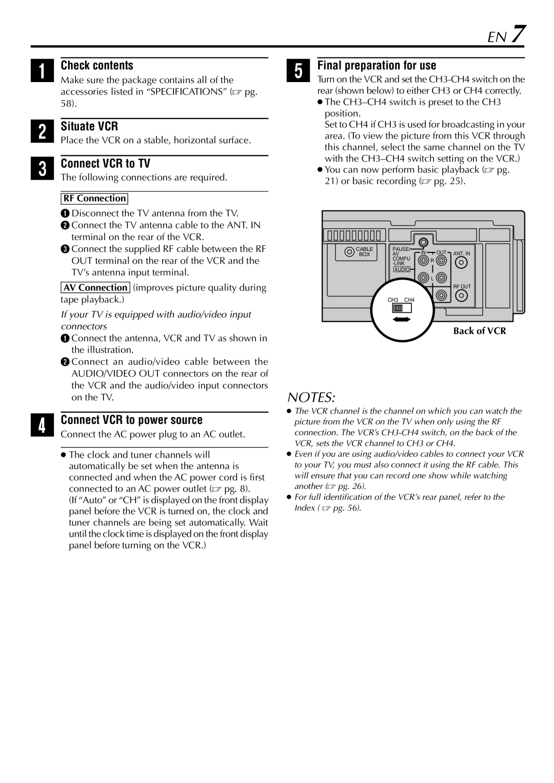 JVC HR-VP78U manual Check contents, Situate VCR, Connect VCR to TV, Connect VCR to power source, Final preparation for use 