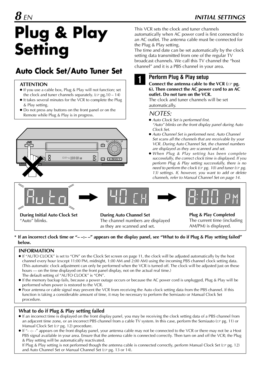 JVC HR-VP78U manual Plug & Play Setting, Perform Plug & Play setup, What to do if Plug & Play setting failed 