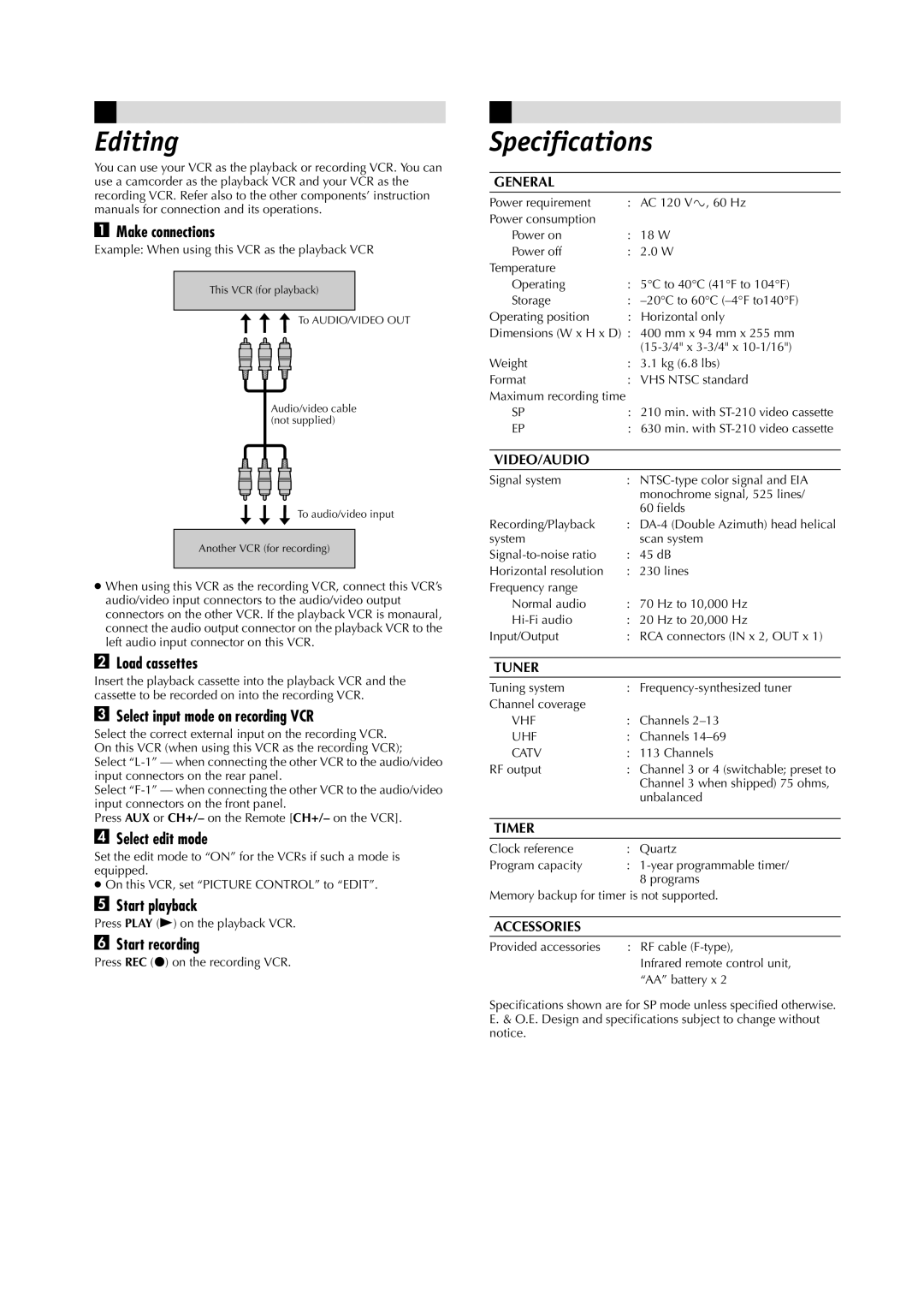 JVC HR-VP790U manual Editing, Specifications 