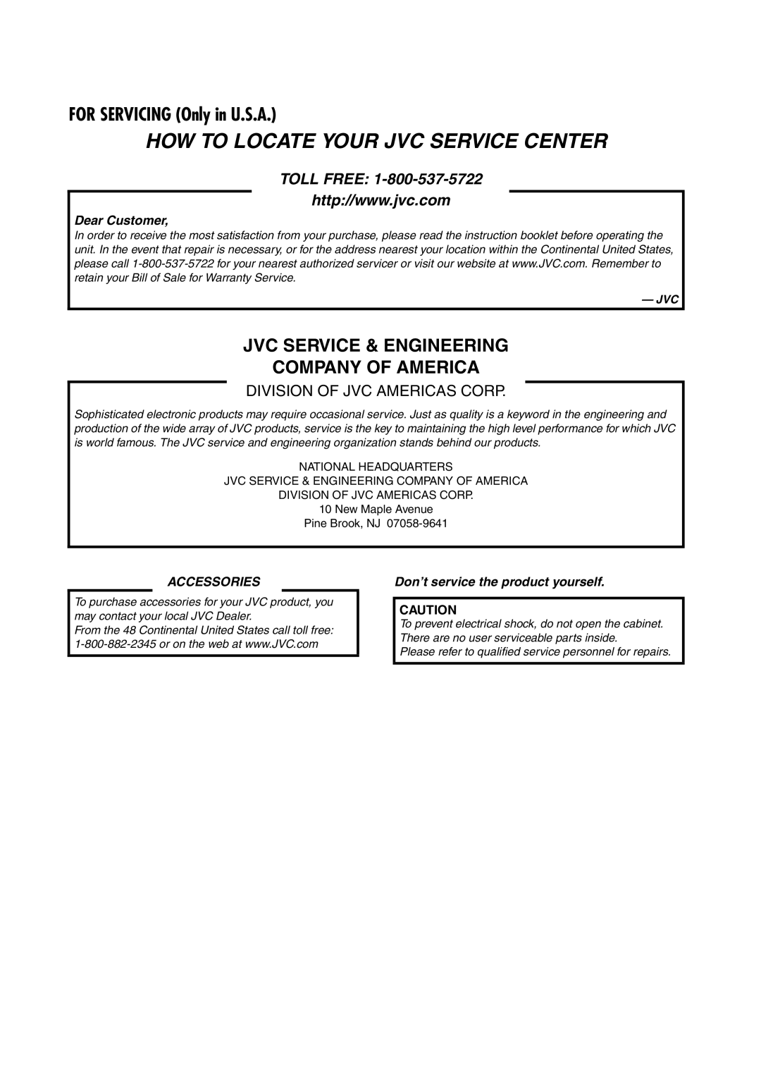 JVC HR-VP790U manual HOW to Locate Your JVC Service Center, For Servicing Only in U.S.A 