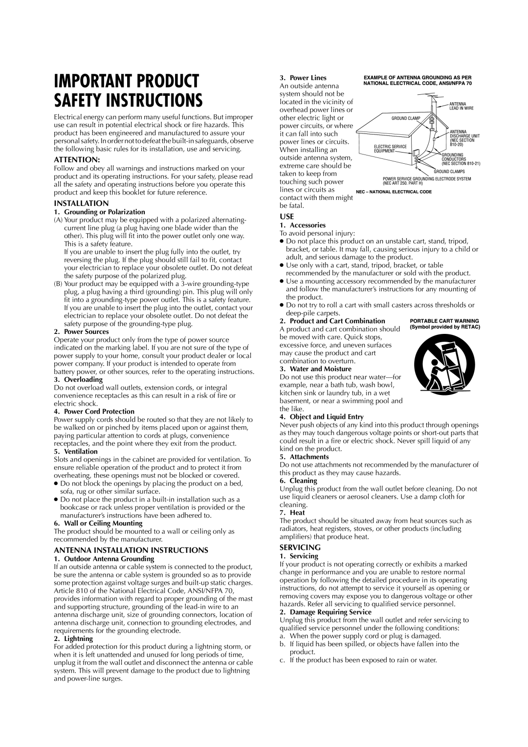 JVC HR-VP790U Grounding or Polarization, Power Sources, Overloading, Power Cord Protection, Ventilation, Lightning, Heat 