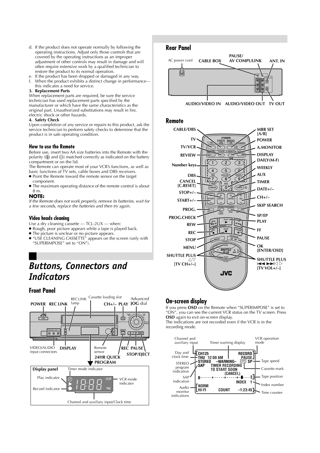 JVC HR-VP790U manual Buttons, Connectors and Indicators, Rear Panel, Remote, Front Panel, On-screen display 