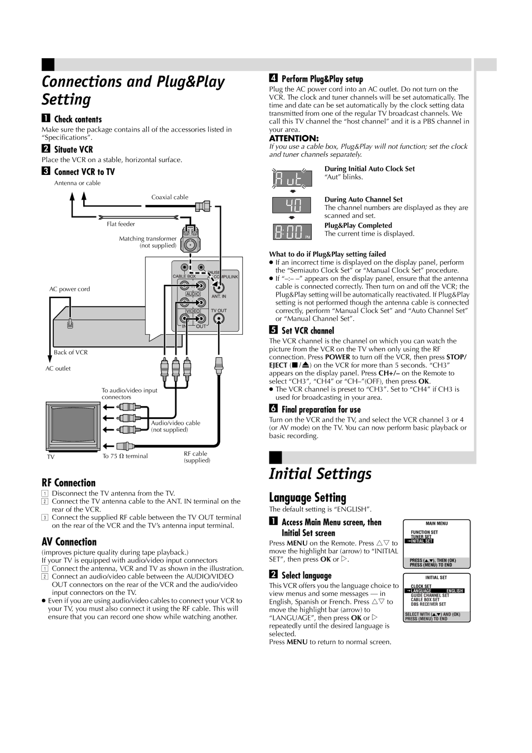 JVC HR-VP790U manual Connections and Plug&Play Setting, Initial Settings, Language Setting, RF Connection, AV Connection 