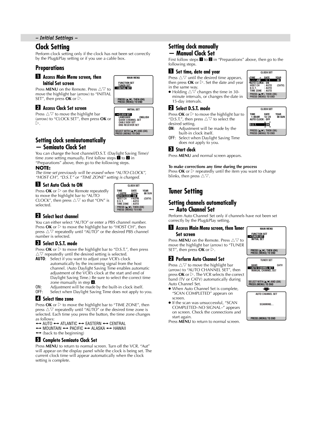 JVC HR-VP790U manual Clock Setting, Tuner Setting 