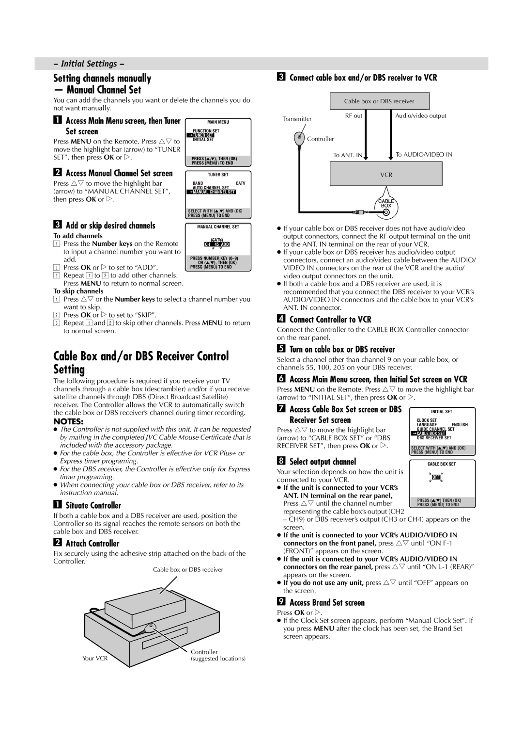 JVC HR-VP790U Cable Box and/or DBS Receiver Control Setting, Setting channels manually Manual Channel Set 