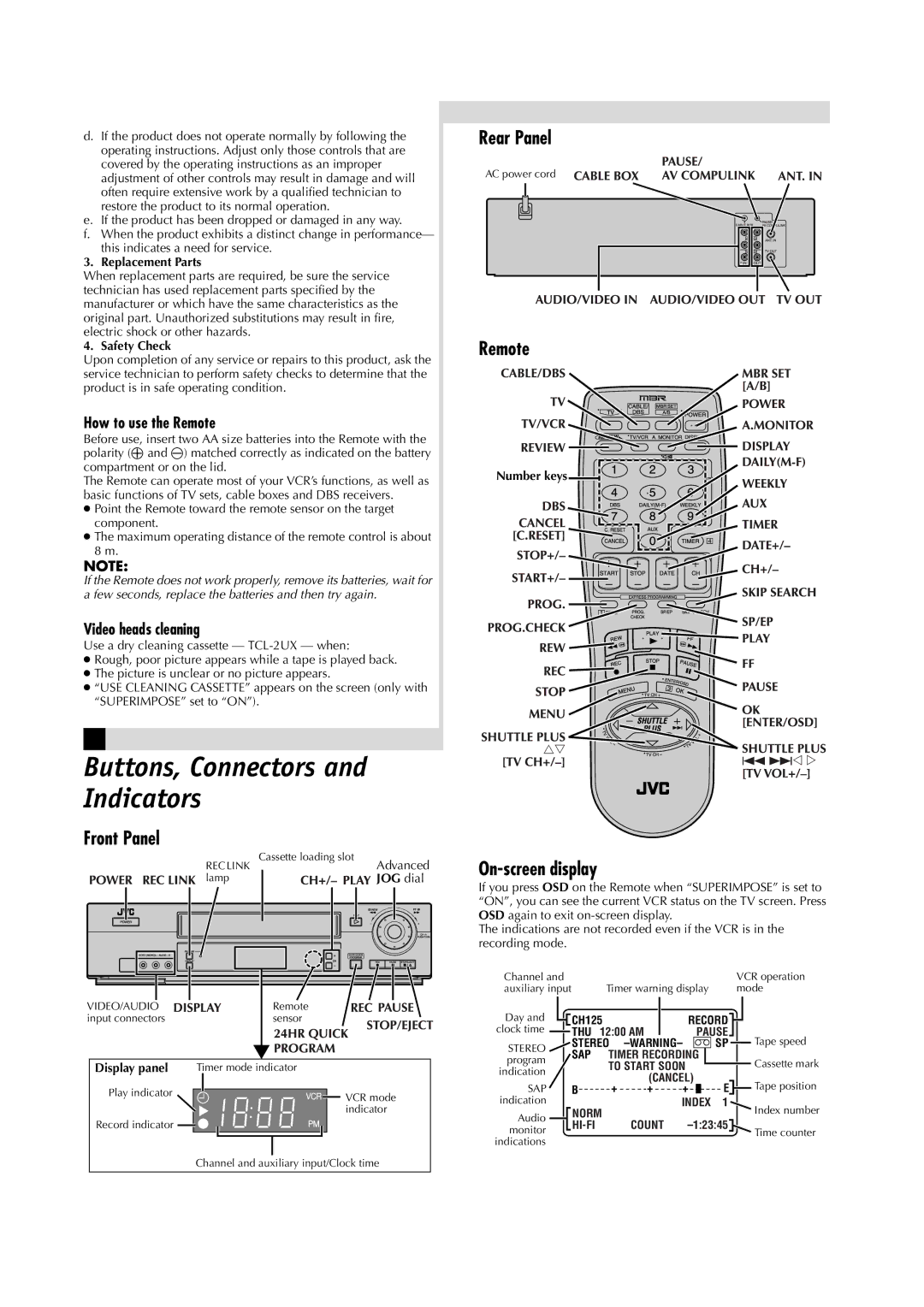 JVC HR-VP793U manual Buttons, Connectors and Indicators, Rear Panel, Remote, Front Panel, On-screen display 