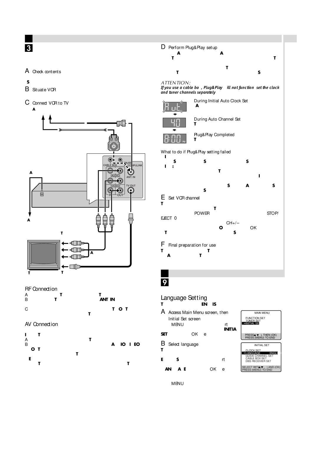 JVC HR-VP793U manual Connections and Plug&Play Setting, Initial Settings, Language Setting, RF Connection, AV Connection 