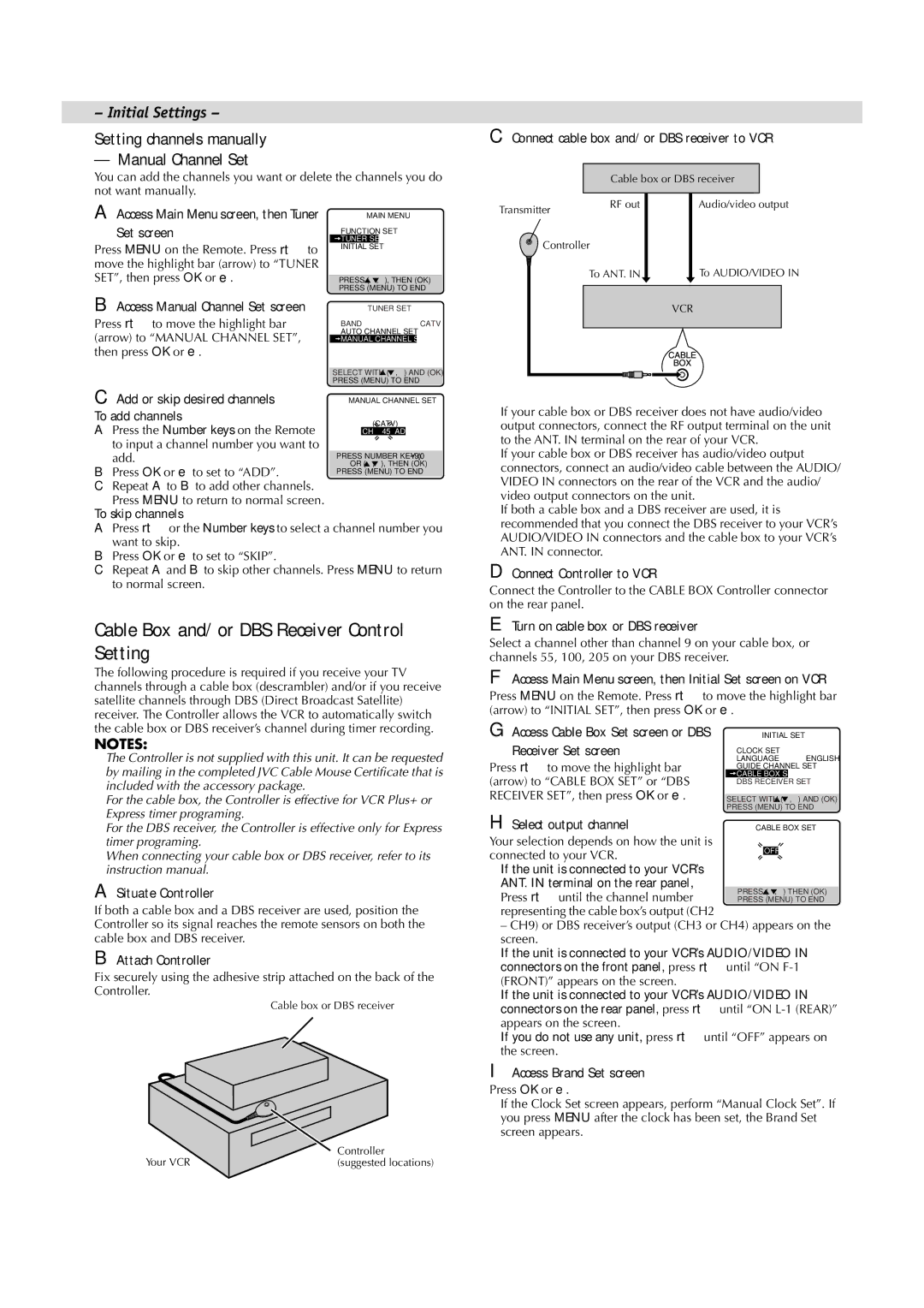 JVC HR-VP793U Cable Box and/or DBS Receiver Control Setting, Setting channels manually Manual Channel Set 