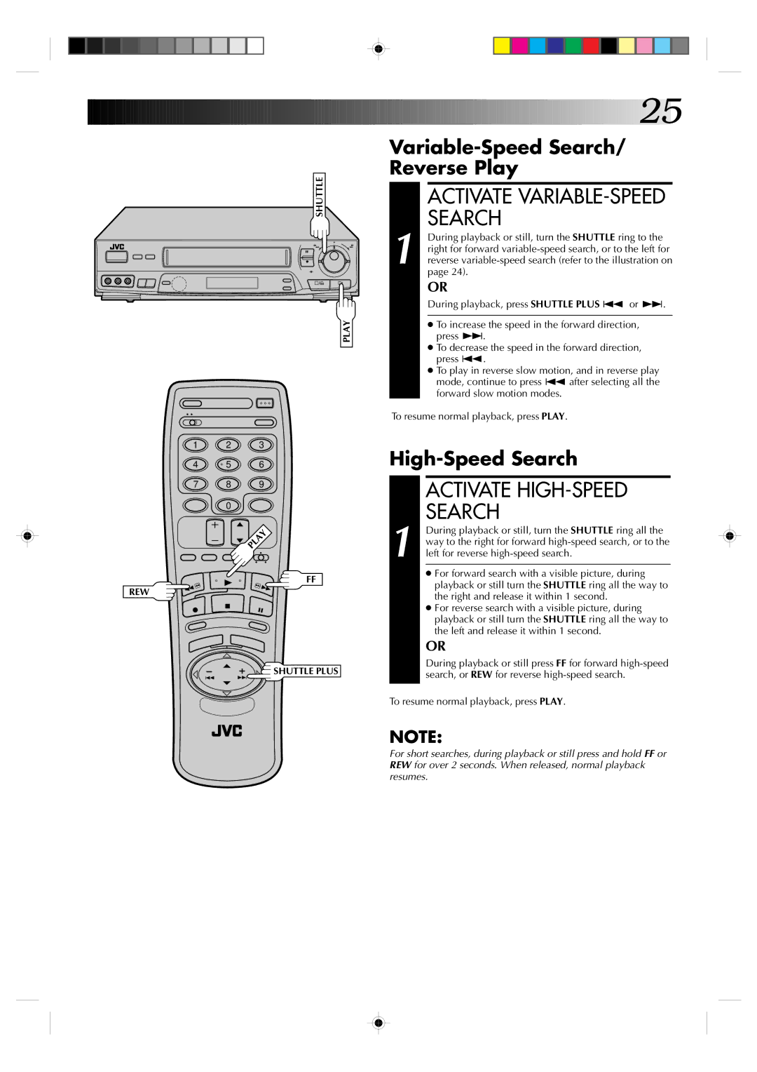 JVC HR-VP82U manual Activate VARIABLE-SPEED Search, Activate HIGH-SPEED Search, Variable-Speed Search Reverse Play 