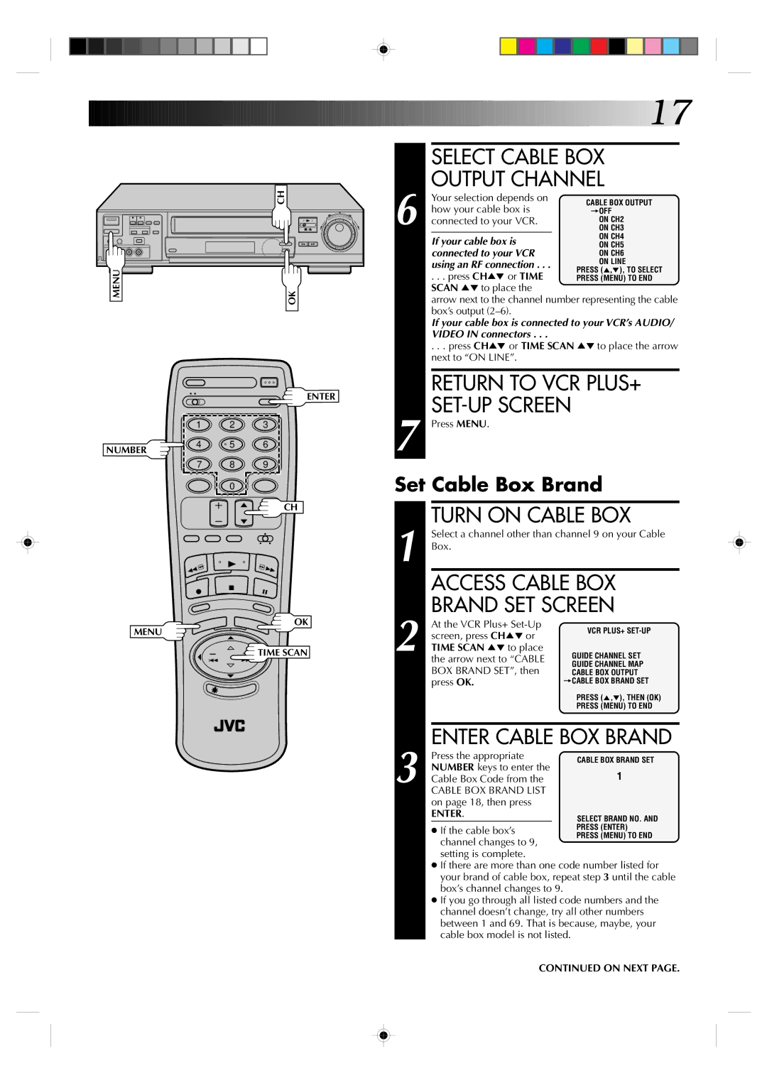 JVC HR-VP830U manual Turn on Cable BOX, Access Cable BOX, Brand SET Screen, Set Cable Box Brand, Enter Cable BOX Brand 