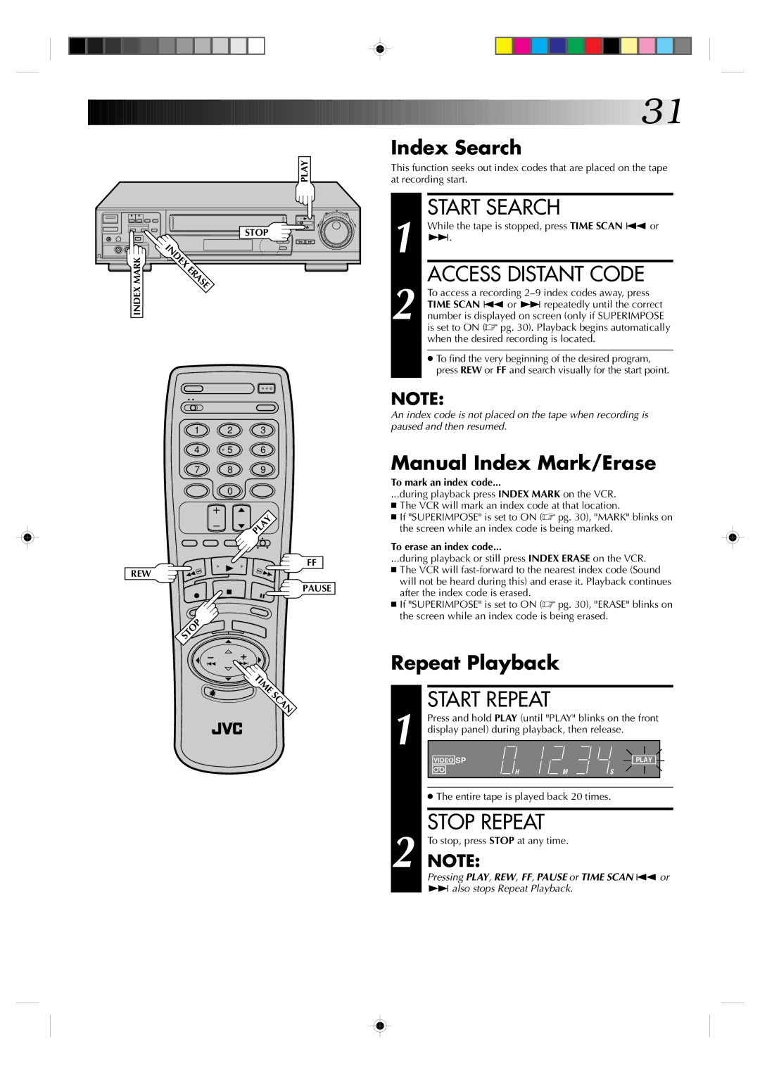 JVC HR-VP830U manual Start Search, Access Distant Code, Index Search, Manual Index Mark/Erase, Repeat Playback 